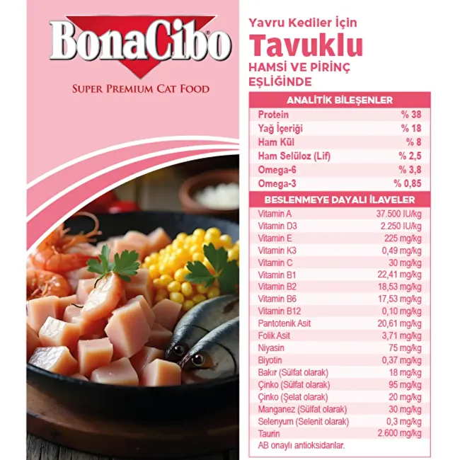 BonaCibo Kitten 1.5 Kg. 10 lu Tavuklu (Hamsi ve Pirinç eşliğinde) Yavru Kedi Maması