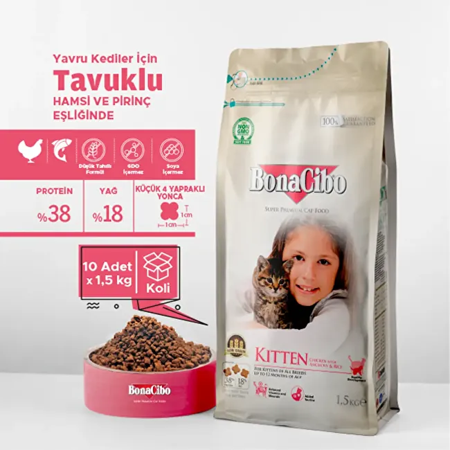 BonaCibo Kitten 1.5 Kg. 10 lu Tavuklu (Hamsi ve Pirinç eşliğinde) Yavru Kedi Maması