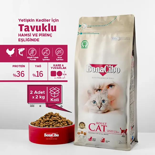BonaCibo Adult Cat 2 Kg. 2 li Tavuklu (Hamsi ve Pirinç eşliğinde) Yetişkin Kedi Maması