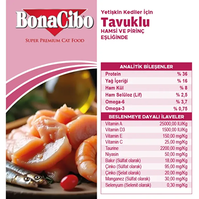 BonaCibo Adult Cat 2 Kg. 2 li Tavuklu (Hamsi ve Pirinç eşliğinde) Yetişkin Kedi Maması