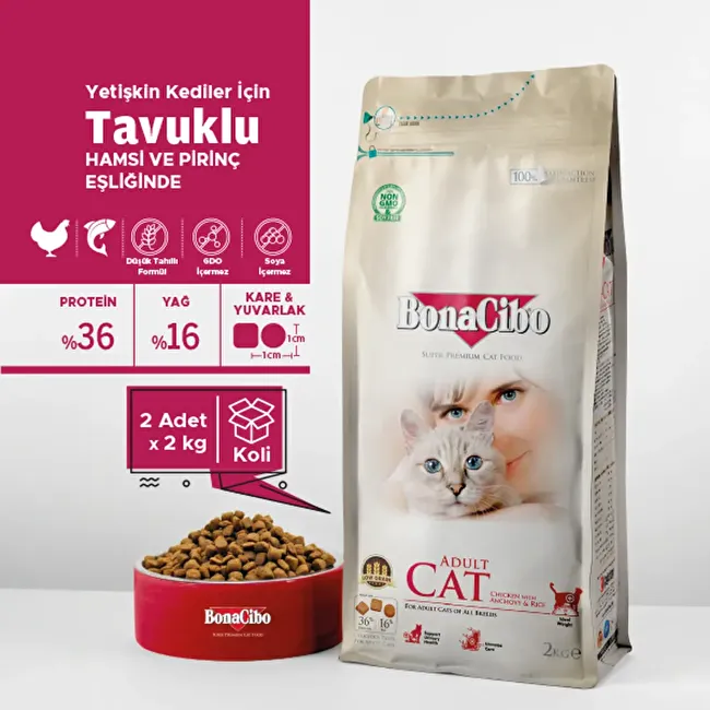 BonaCibo Adult Cat 2 Kg. 2 li Tavuklu (Hamsi ve Pirinç eşliğinde) Yetişkin Kedi Maması