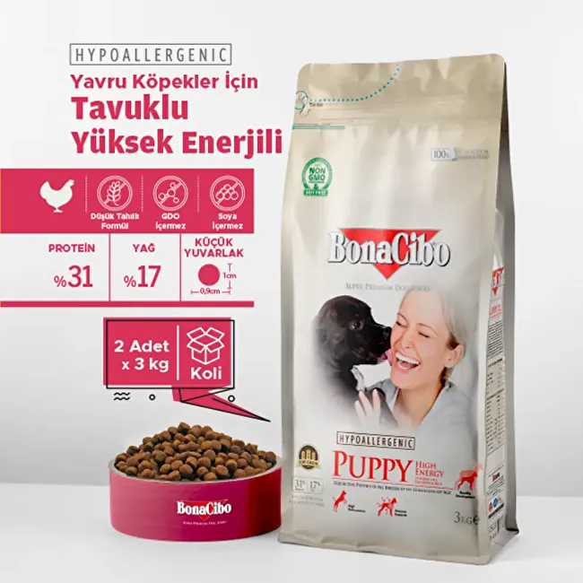 BonaCibo Puppy HE 3 Kg. 2 li Yüksek Enerjili Tavuklu Yavru Köpek Maması