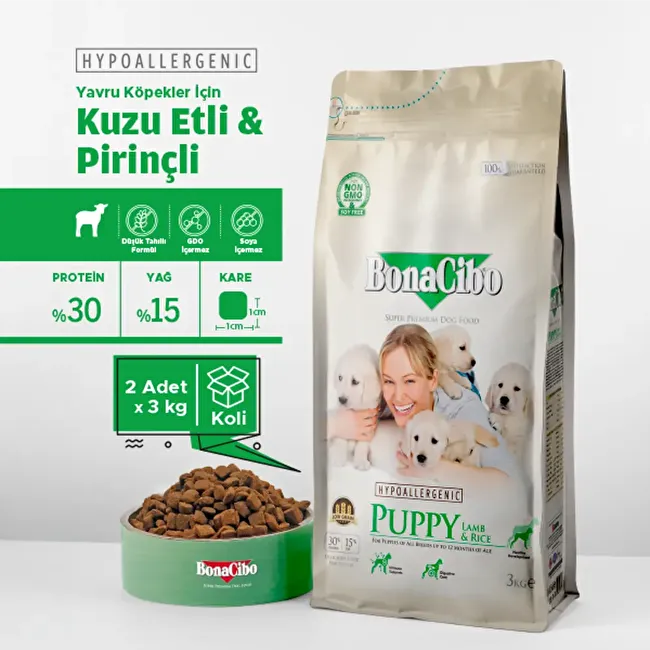 BonaCibo Puppy Lamb & Rice 3 Kg. 2 li Kuzu Etli ve Pirinçli Yavru Köpek Maması