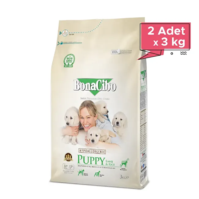BonaCibo Puppy Lamb & Rice 3 Kg. 2 li Kuzu Etli ve Pirinçli Yavru Köpek Maması