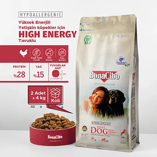 BonaCibo Adult Dog HE 4 Kg. 2 li Yüksek Enerjili Tavuklu Yetişkin Köpek Maması