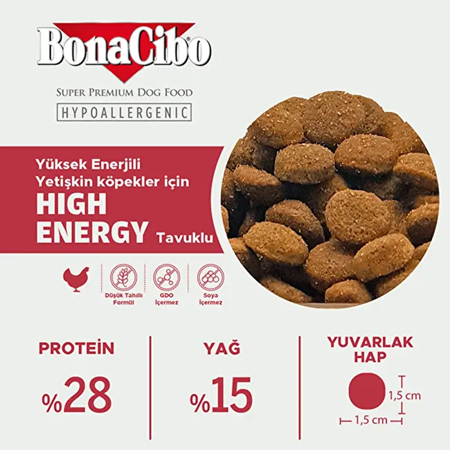 BonaCibo Adult Dog HE 4 Kg. 2 li Yüksek Enerjili Tavuklu Yetişkin Köpek Maması