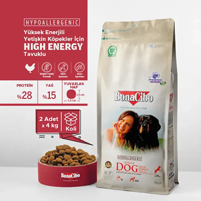 BonaCibo Adult Dog HE 4 Kg. 2 li Yüksek Enerjili Tavuklu Yetişkin Köpek Maması