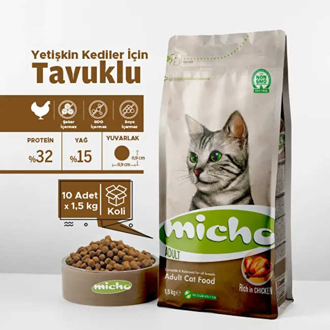 Micho Adult Cat 1.5 Kg. 10 lu Tavuklu (Hamsi ve Pirinç eşliğinde) Yetişkin Kedi Maması