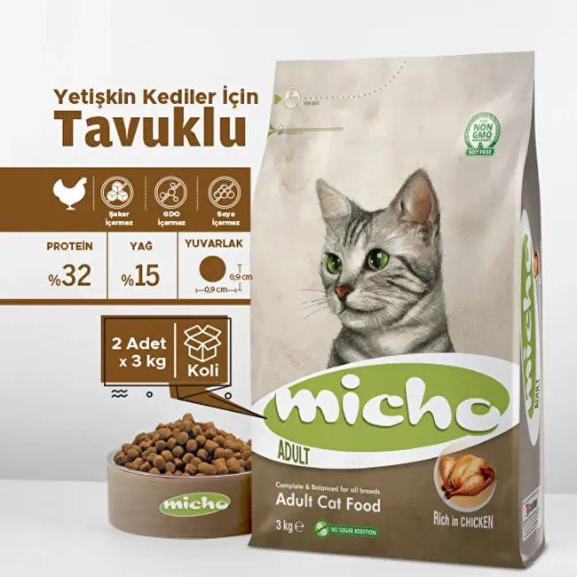Micho Adult Cat 3 Kg. 2 li Tavuklu (Hamsi ve Pirinç eşliğinde) Yetişkin Kedi Maması