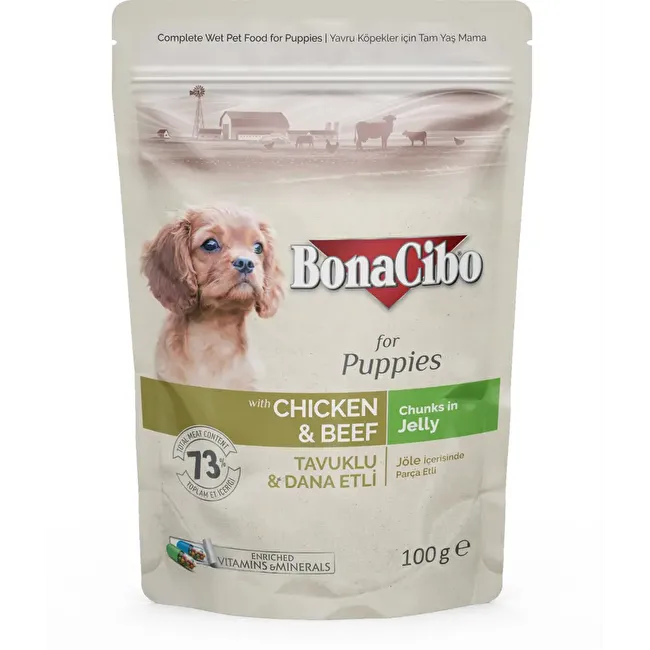 BonaCibo Jöleli Tavuklu-Dana Etli Pouch Yavru Köpek Yaş Maması 100 gr x 12 Adet