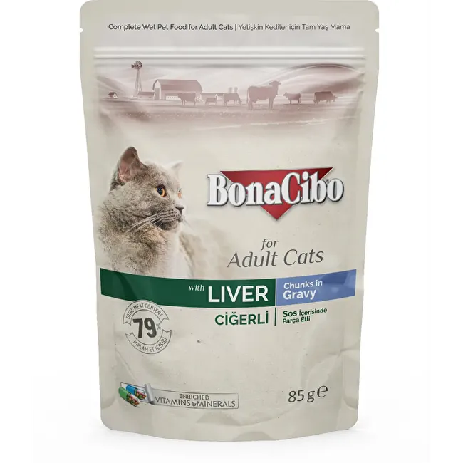 BonaCibo Soslu Ciğerli Pouch Yetişkin Kedi Yaş Maması 85 gr x 12 Adet