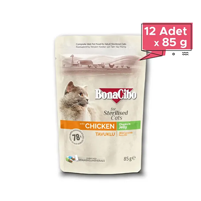BonaCibo Jöleli Tavuklu Pouch Kısırlaştırılmış Yetişkin Kedi Yaş Maması 85 gr.12 li Jöle içerisinde parça etli Kısırlaştırılmış Yetişkin Kedi Maması