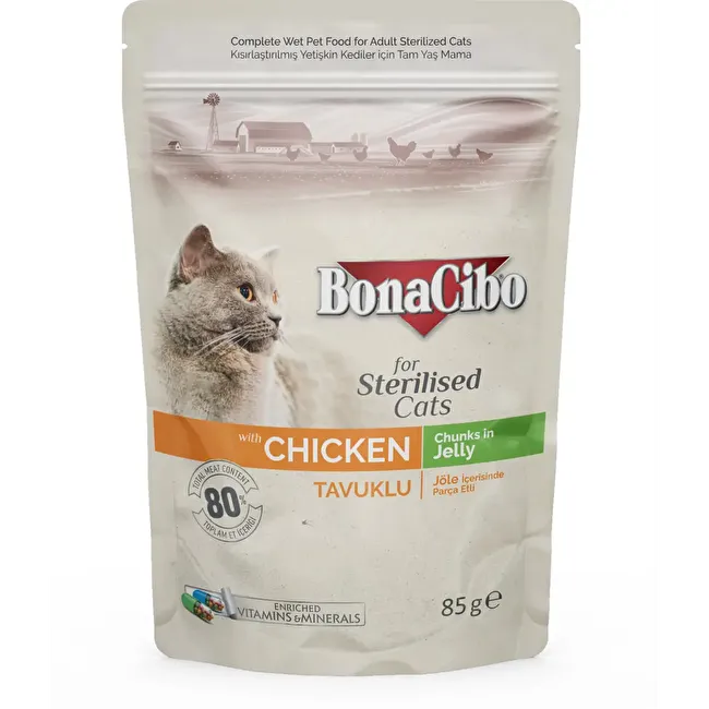 BonaCibo Jöleli Tavuklu Pouch Kısırlaştırılmış Yetişkin Kedi Yaş Maması 85 gr x 12 Adet