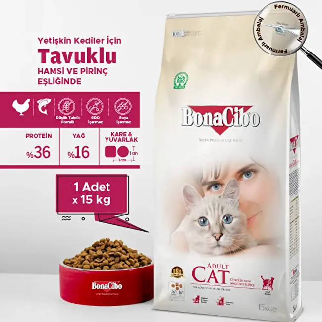 BonaCibo Adult Cat 15 Kg Tavuklu (Hamsi ve Pirinç eşliğinde) Yetişkin Kedi Maması