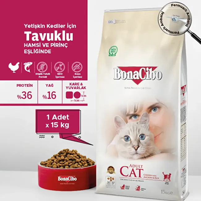 BonaCibo Adult Cat 15 Kg Tavuklu (Hamsi ve Pirinç eşliğinde) Yetişkin Kedi Maması