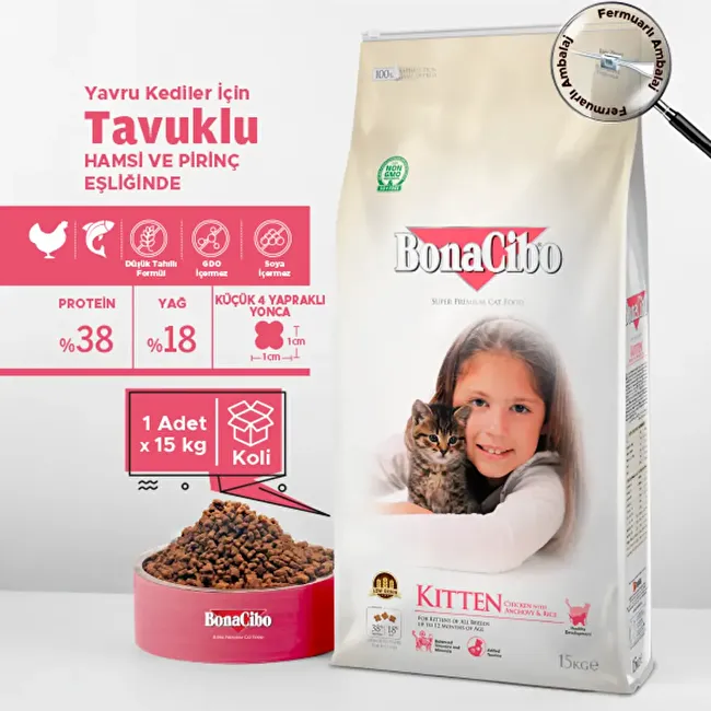 BonaCibo Kitten 15 Kg Tavuklu (Hamsi ve Pirinç eşliğinde) Yavru Kedi Maması