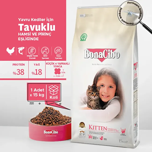 BonaCibo Kitten 15 Kg Tavuklu (Hamsi ve Pirinç eşliğinde) Yavru Kedi Maması