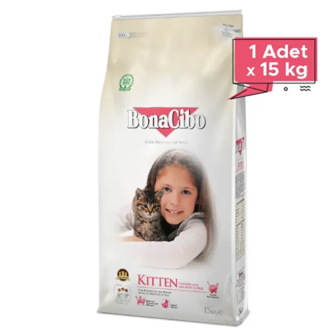 BonaCibo Kitten 15 Kg Tavuklu (Hamsi ve Pirinç eşliğinde) Yavru Kedi Maması