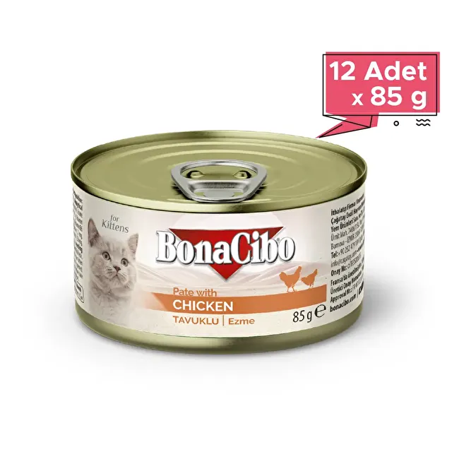 BonaCibo Ezme Tavuklu Yaş Yavru Kedi Maması  85 gr. 12 li Yavru Kediler için Tam Yaş Mama – Ezme Tavuklu