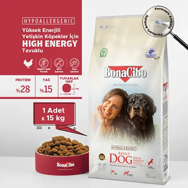 BonaCibo Adult Dog HE 15 Kg Yüksek Enerjili Tavuklu Yetişkin Köpek Maması
