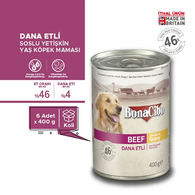 BonaCibo Soslu Dana Etli Yaş Yetişkin Köpek Maması 400 gr x 6 Adet Sos içerisinde parça etli Yetişkin Köpek Maması