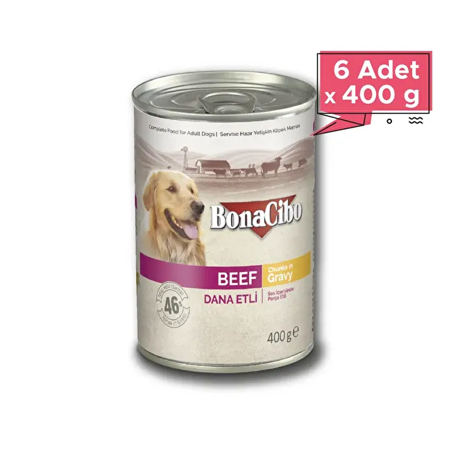 BonaCibo Soslu Dana Etli Yaş Yetişkin Köpek Maması 400 gr x 6 Adet Sos içerisinde parça etli Yetişkin Köpek Maması