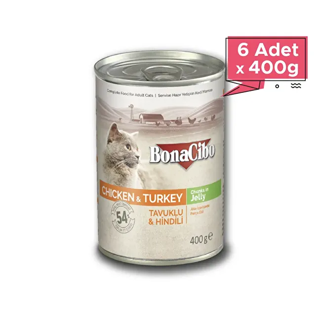 BonaCibo Jöleli Tavuk ve Hindili Yaş Kedi Maması 400 gr. 6 lı Jöle içerisinde parça etli Yetişkin Kedi Maması