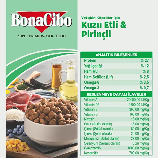BonaCibo Adult Dog Lamb & Rice 15 Kg Kuzu Etli ve Pirinçli Yetişkin Köpek Maması