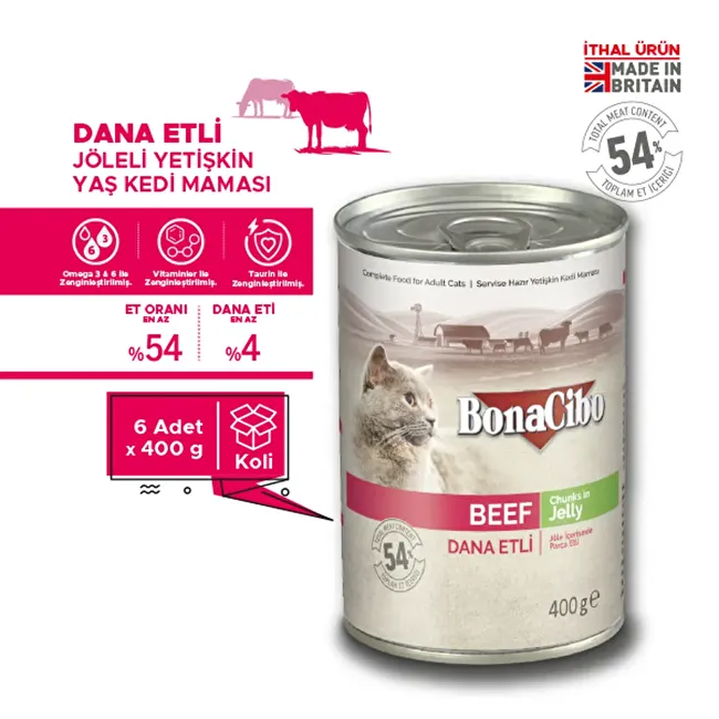 BonaCibo Jöleli Dana Etli Yaş Kedi Maması 400 gr. 6 lı Jöle içerisinde parça etli Yetişkin Kedi Maması