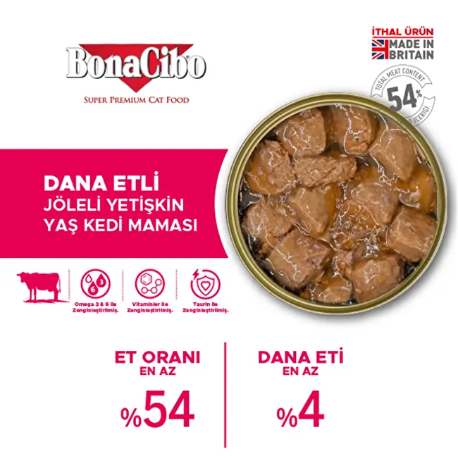 BonaCibo Jöleli Dana Etli Yaş Kedi Maması 400 gr. 6 lı Jöle içerisinde parça etli Yetişkin Kedi Maması