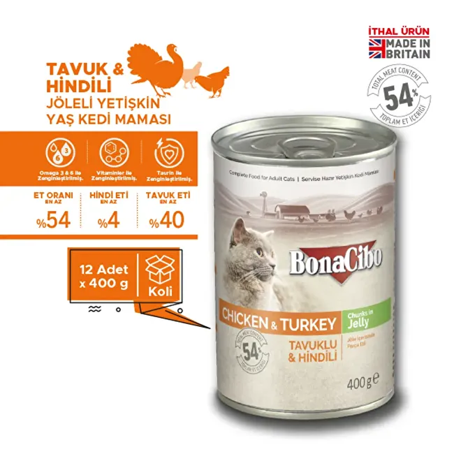 BonaCibo Jöleli Tavuk ve Hindili Yaş Kedi Maması 400 gr. 12 li Jöle içerisinde parça etli Yetişkin Kedi Maması