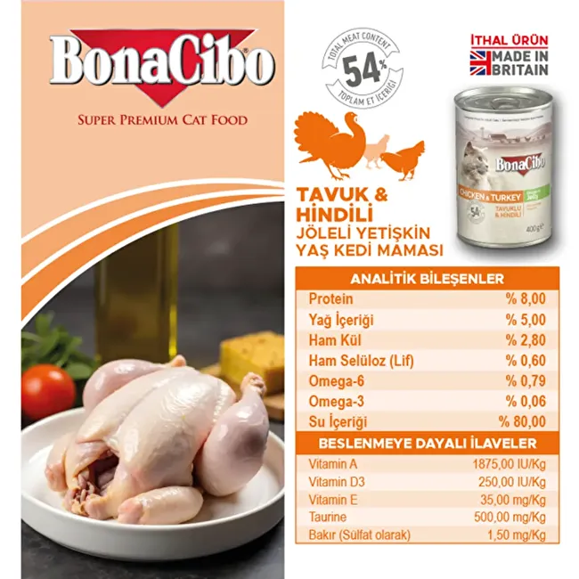 BonaCibo Jöleli Tavuk ve Hindili Yaş Kedi Maması 400 gr. 12 li Jöle içerisinde parça etli Yetişkin Kedi Maması