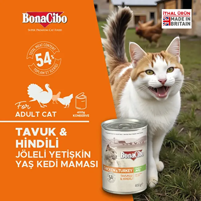 BonaCibo Jöleli Tavuk ve Hindili Yaş Kedi Maması 400 gr. 12 li Jöle içerisinde parça etli Yetişkin Kedi Maması
