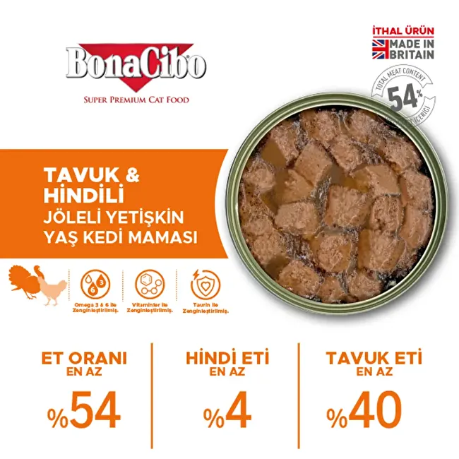 BonaCibo Jöleli Tavuk ve Hindili Yaş Kedi Maması 400 gr. 12 li Jöle içerisinde parça etli Yetişkin Kedi Maması