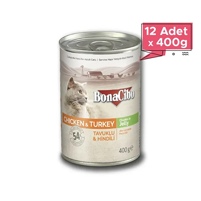 BonaCibo Jöleli Tavuk ve Hindili Yaş Kedi Maması 400 gr. 12 li Jöle içerisinde parça etli Yetişkin Kedi Maması