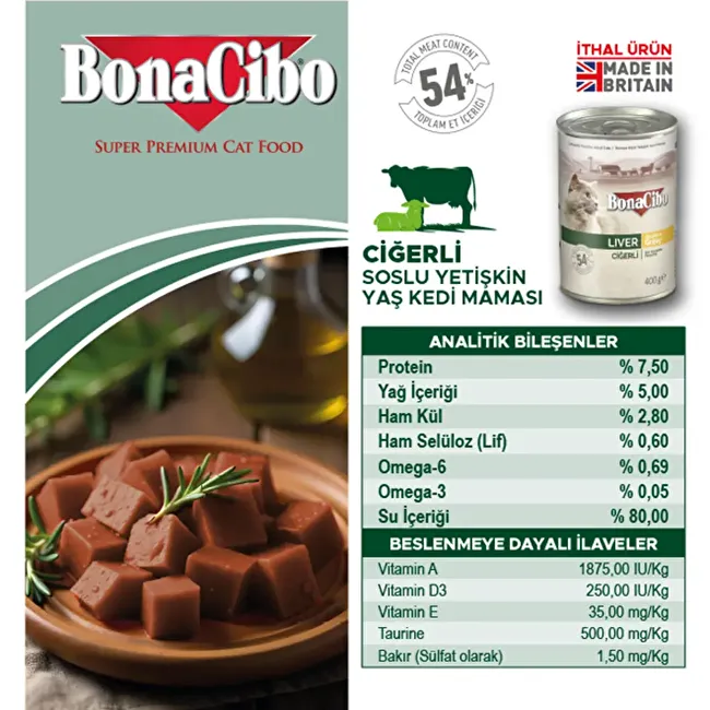 BonaCibo Soslu Ciğerli Yaş Kedi Maması 400 gr. 12 li Sos içerisinde parça etli Yetişkin Kedi Maması