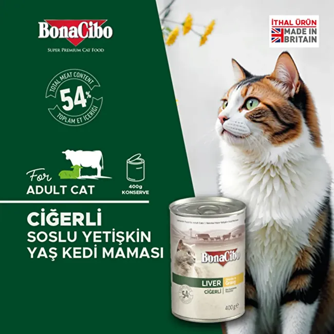 BonaCibo Soslu Ciğerli Yaş Kedi Maması 400 gr. 12 li Sos içerisinde parça etli Yetişkin Kedi Maması