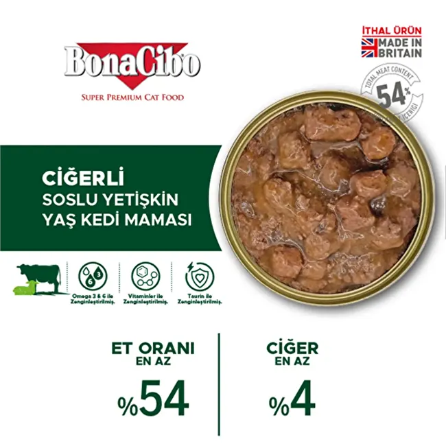 BonaCibo Soslu Ciğerli Yaş Kedi Maması 400 gr. 12 li Sos içerisinde parça etli Yetişkin Kedi Maması