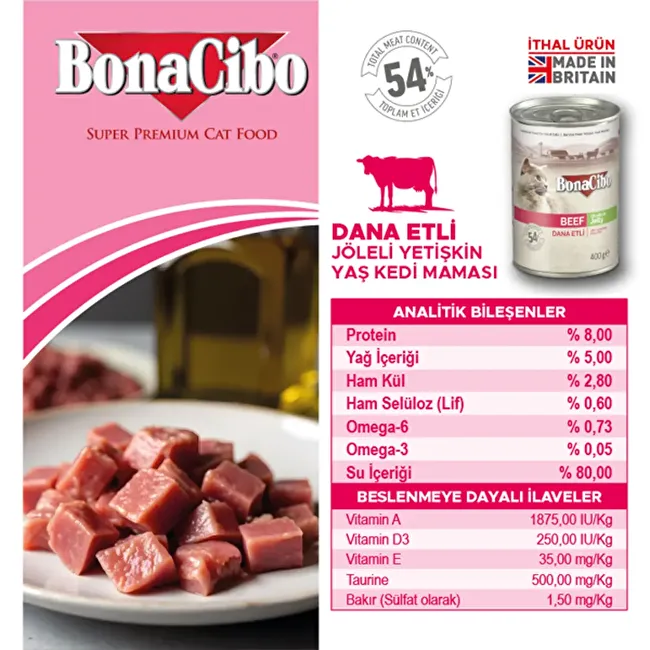 BonaCibo Jöleli Dana Etli Yaş Kedi Maması 400 gr. 12 li Jöle içerisinde parça etli Yetişkin Kedi Maması
