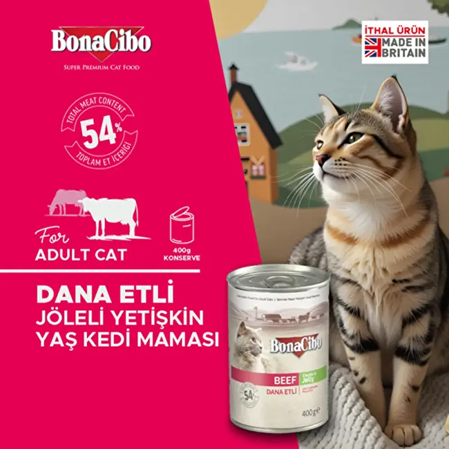 BonaCibo Jöleli Dana Etli Yaş Kedi Maması 400 gr. 12 li Jöle içerisinde parça etli Yetişkin Kedi Maması