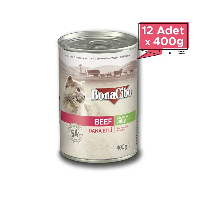 BonaCibo Jöleli Dana Etli Yaş Kedi Maması 400 gr. 12 li Jöle içerisinde parça etli Yetişkin Kedi Maması