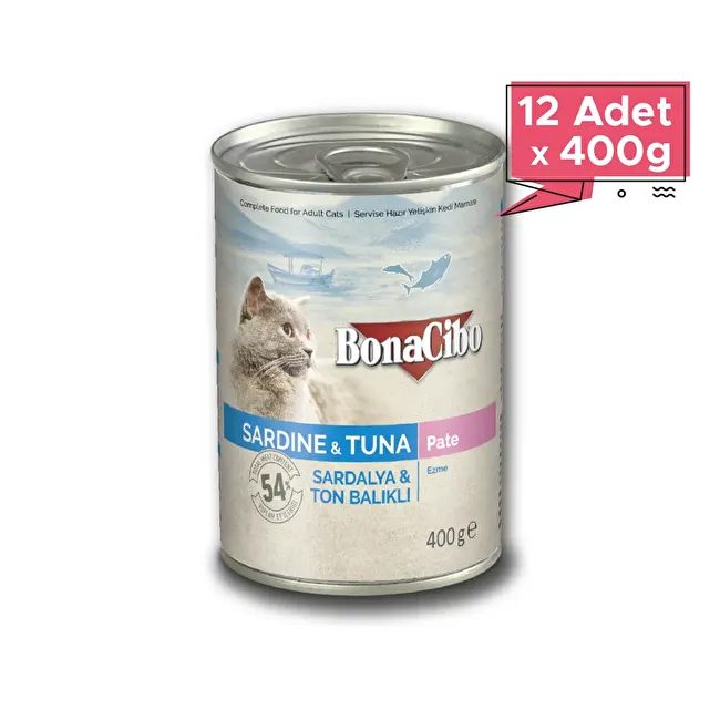 BonaCibo Ezme Sardalya ve Ton Balıklı Yaş Kedi Maması 400 gr. 12 li Ezme Yetişkin Kedi Maması