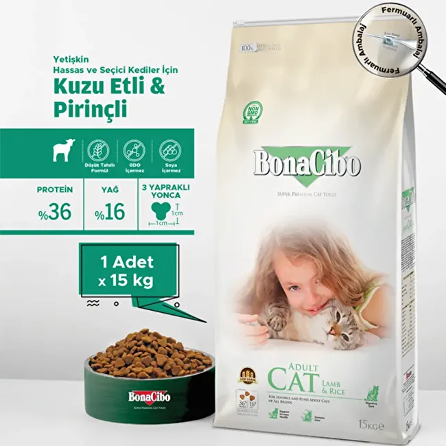 BonaCibo Adult Cat Lamb & Rice 15 Kg Kuzu Etli ve Pirinçli Yetişkin Kedi Maması