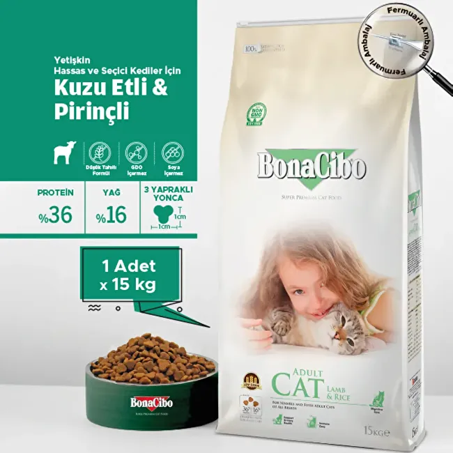 BonaCibo Adult Cat Lamb & Rice 15 Kg Kuzu Etli ve Pirinçli Yetişkin Kedi Maması