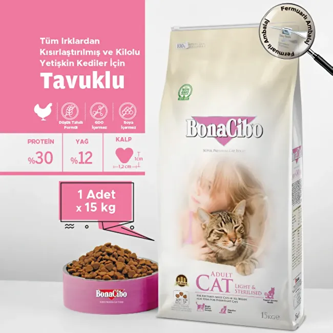 BonaCibo Adult Cat Light & Sterilised 15 Kg Kısırlaştırılmış Kediler için Yetişkin Kedi Maması