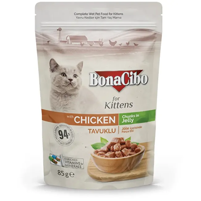 BonaCibo Jöleli Tavuklu Pouch Yavru Kedi Yaş Maması 85 gr x 12 Adet Jöle içerisinde parça etli Yavru Kedi Maması