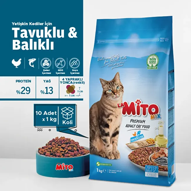 LaMito Mix Adult Cat 1 Kg x 10 Adet Tavuklu ve Balıklı Renkli Taneli Yetişkin Kedi Maması