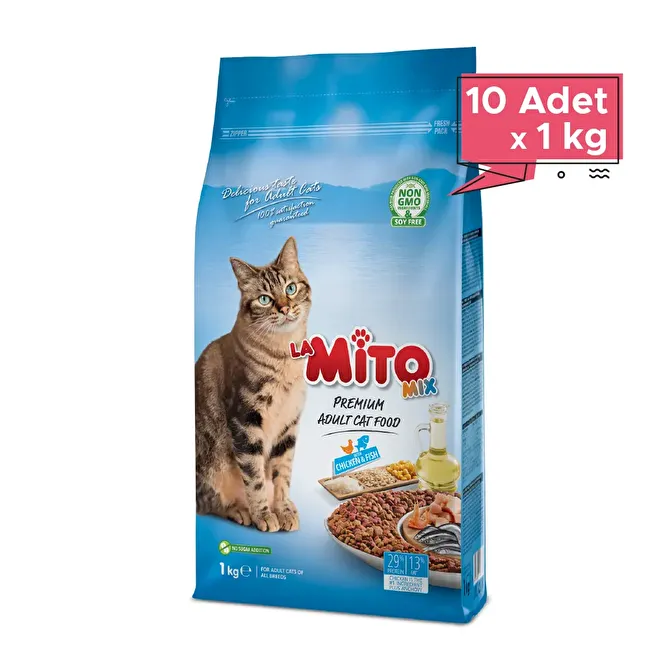 LaMito Mix Adult Cat 1 Kg x 10 Adet Tavuklu ve Balıklı Renkli Taneli Yetişkin Kedi Maması