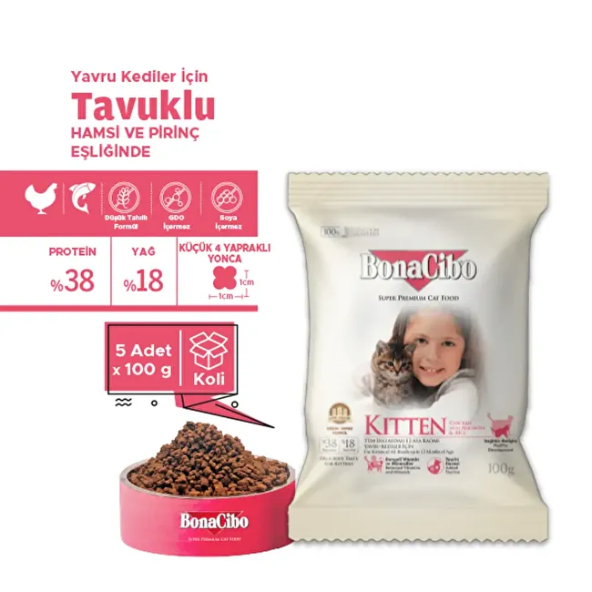BonaCibo Kitten 100 gr x 5 Adet Tavuklu (Hamsi ve Pirinç eşliğinde) Yavru Kedi Maması