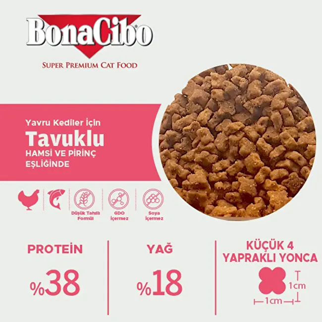 BonaCibo Kitten 100 gr x 5 Adet Tavuklu (Hamsi ve Pirinç eşliğinde) Yavru Kedi Maması